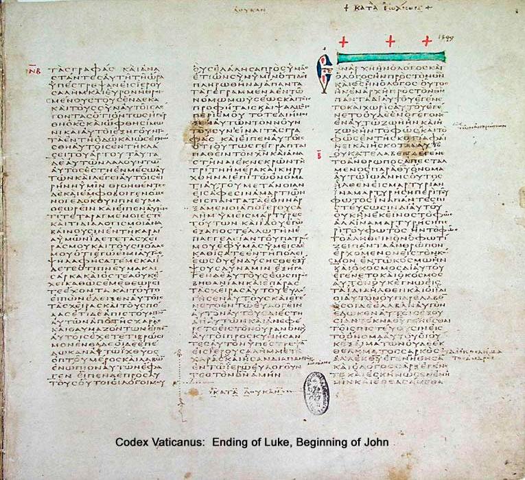 Page of Codex Vaticanus showing the Greek Septuagint tradition text at the end of Luke